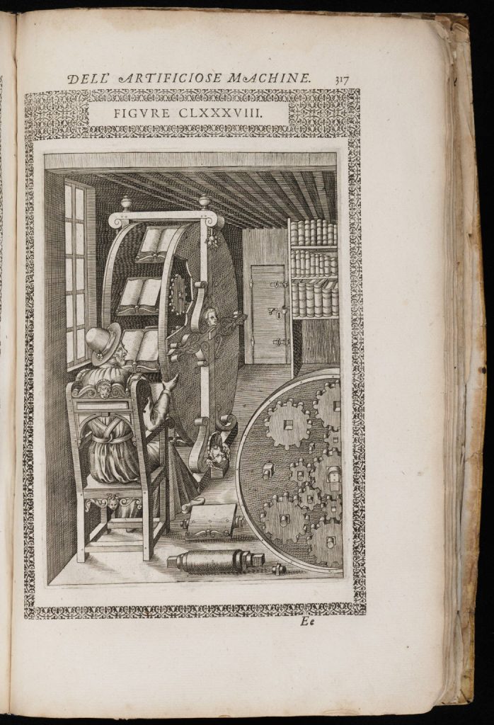 Sketch of original bookwheel design taken from Remelli's 1588 text.